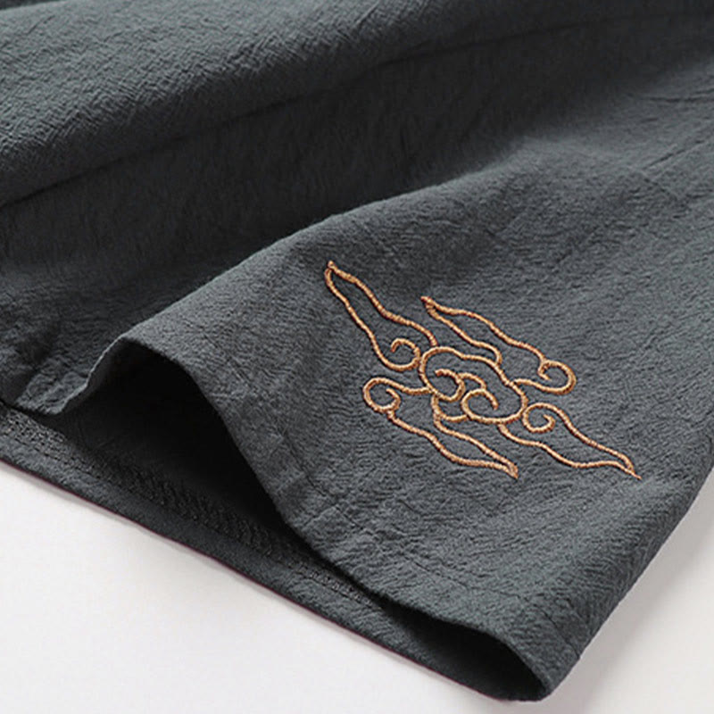 Buddha Stones 夏 Vネック フロッグボタン 半袖 雲 刺繍 コットンリネン メンズシャツ - image 6