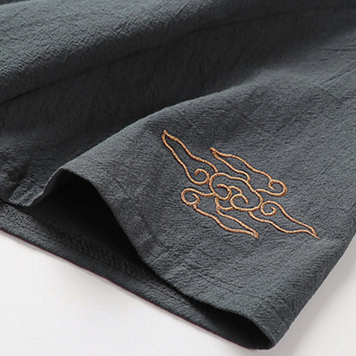 Buddha Stones 夏 Vネック フロッグボタン 半袖 雲 刺繍 コットンリネン メンズシャツ - image 6