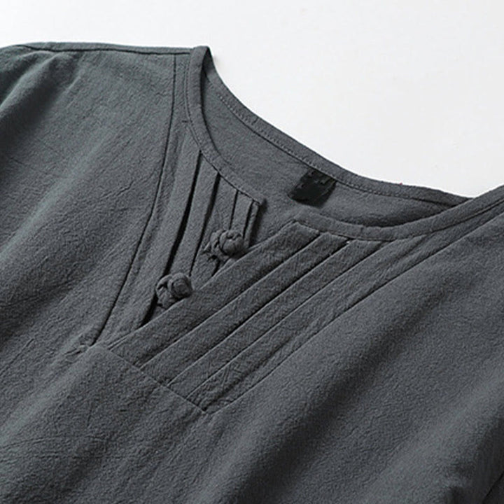 Buddha Stones 夏 Vネック フロッグボタン 半袖 雲 刺繍 コットンリネン メンズシャツ - image 4