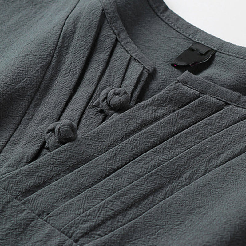 Buddha Stones 夏 Vネック フロッグボタン 半袖 雲 刺繍 コットンリネン メンズシャツ - image 5