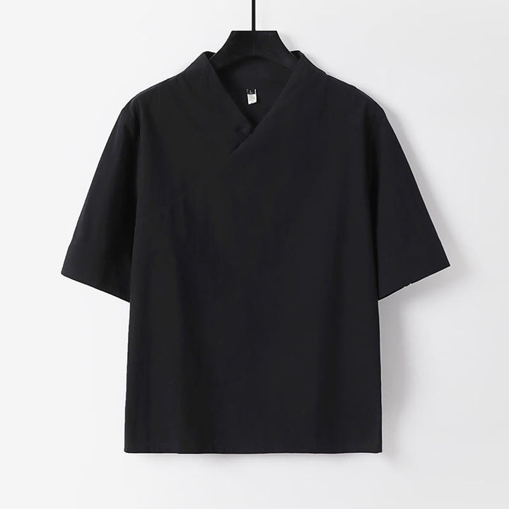 Buddha Stones 夏用シンプルVネック半袖コットンリネンメンズシャツ - 黒 - US/UK/AU54、 EU64 (9XL) - image 1