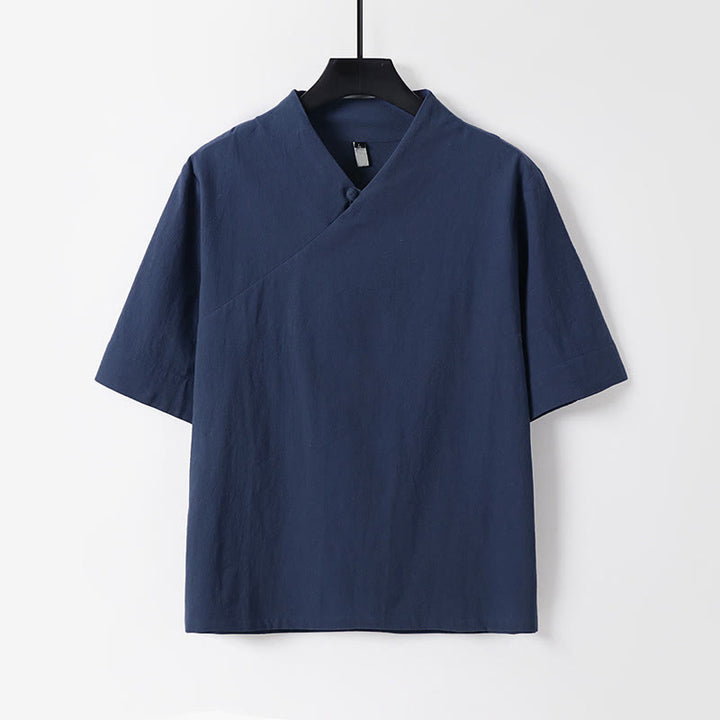 Buddha Stones 夏用シンプルVネック半袖コットンリネンメンズシャツ - スティールブルー - US/UK/AU54、 EU64 (9XL) - image 2