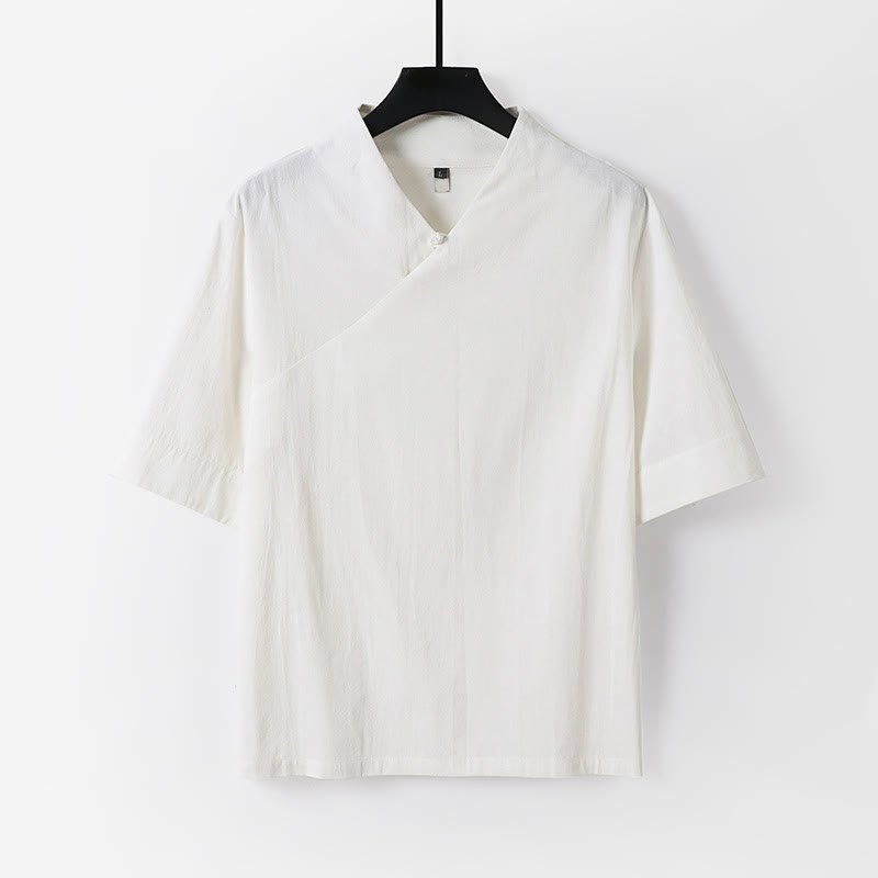 Buddha Stones 夏用シンプルVネック半袖コットンリネンメンズシャツ - 白 - US/UK/AU54、 EU64 (9XL) - image 11