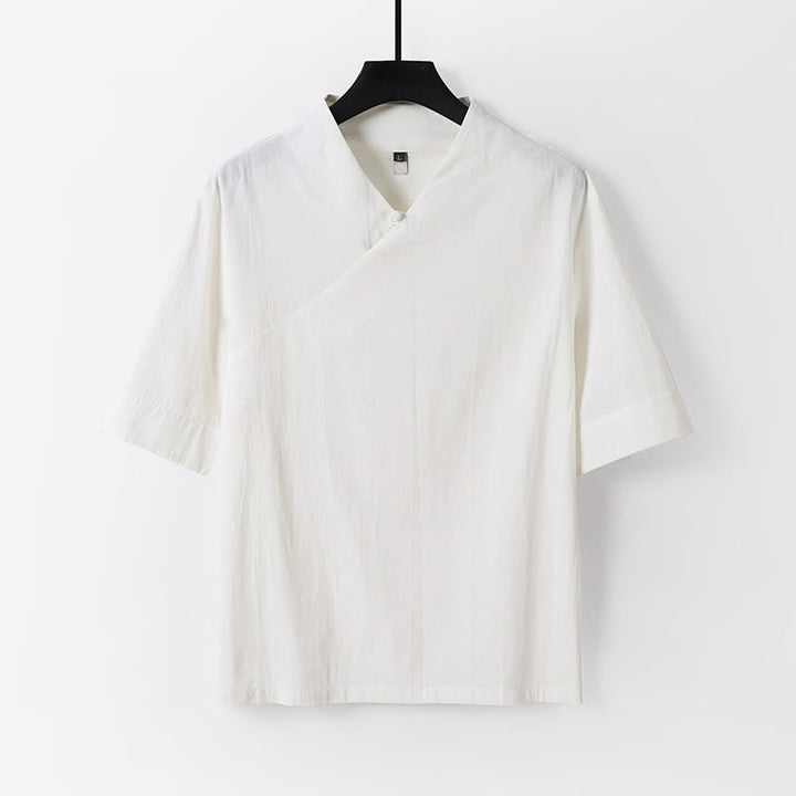 Buddha Stones 夏用シンプルVネック半袖コットンリネンメンズシャツ - 白 - US/UK/AU54、 EU64 (9XL) - image 11