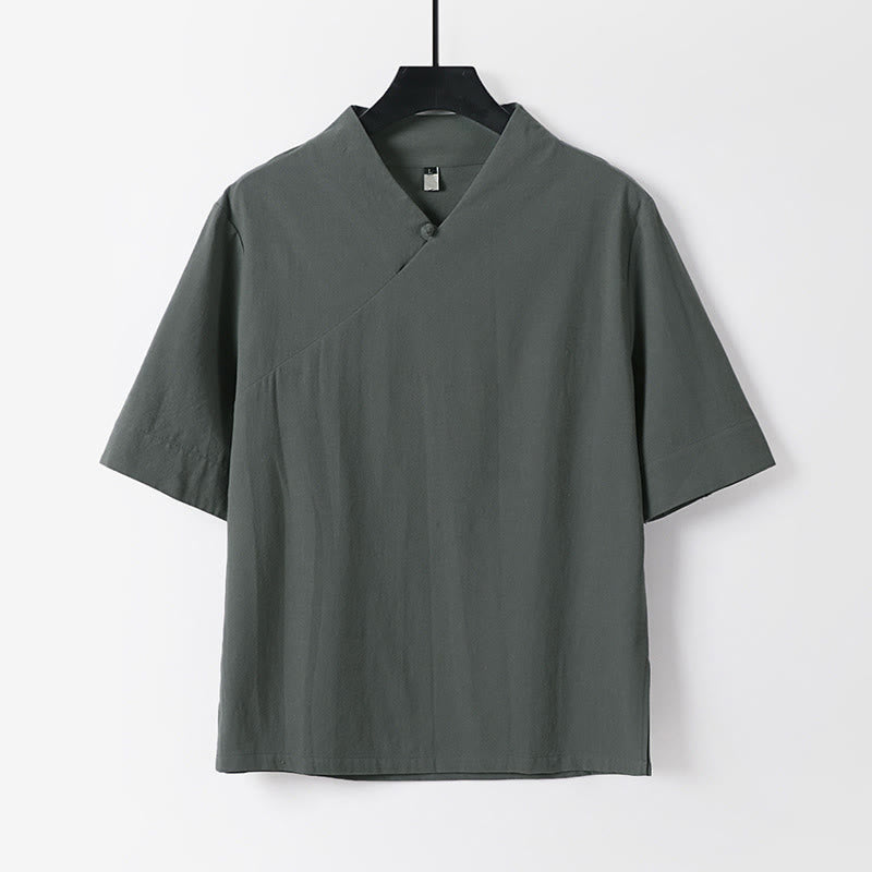 Buddha Stones 夏用シンプルVネック半袖コットンリネンメンズシャツ - グレー - US/UK/AU54、 EU64 (9XL) - image 0