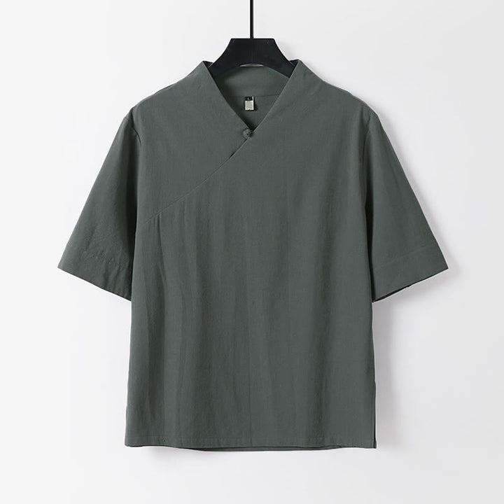 Buddha Stones 夏用シンプルVネック半袖コットンリネンメンズシャツ - グレー - US/UK/AU54、 EU64 (9XL) - image 0