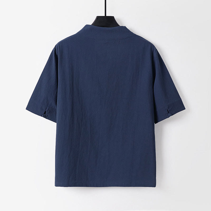 Buddha Stones 夏用シンプルVネック半袖コットンリネンメンズシャツ - image 3