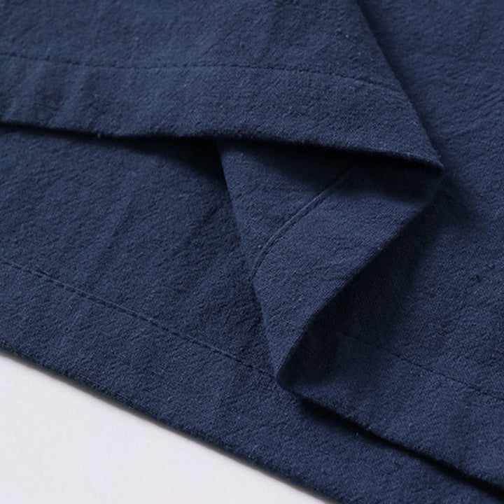 Buddha Stones 夏用シンプルVネック半袖コットンリネンメンズシャツ - image 8