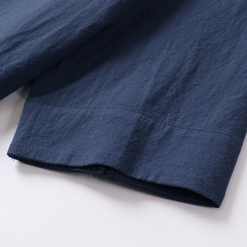 Buddha Stones 夏用シンプルVネック半袖コットンリネンメンズシャツ - image 6