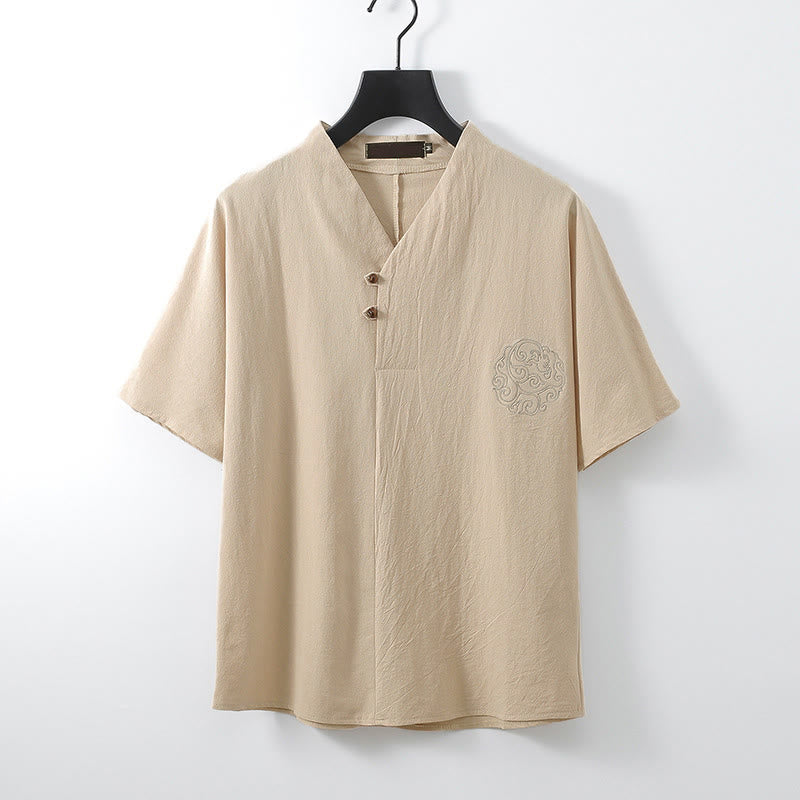 Buddha Stones 夏 Vネック ボタン 半袖 雲 刺繍 コットン リネン メンズ シャツ - ビスク - 米国/UK/AU56、 EU66 (9XL) - image 0
