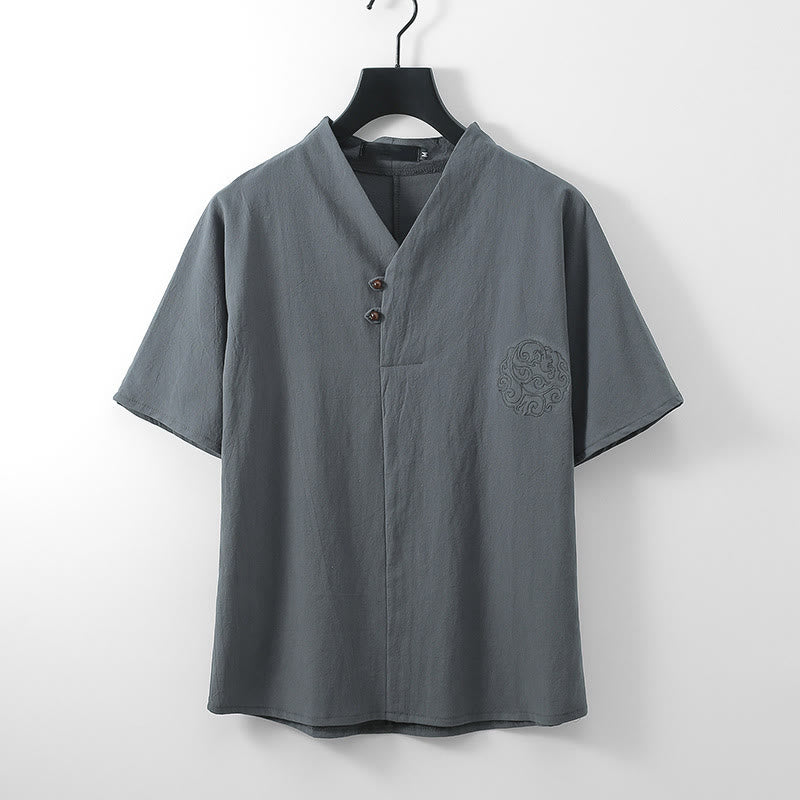 Buddha Stones 夏 Vネック ボタン 半袖 雲 刺繍 コットン リネン メンズ シャツ - グレー - 米国/UK/AU56、 EU66 (9XL) - image 1
