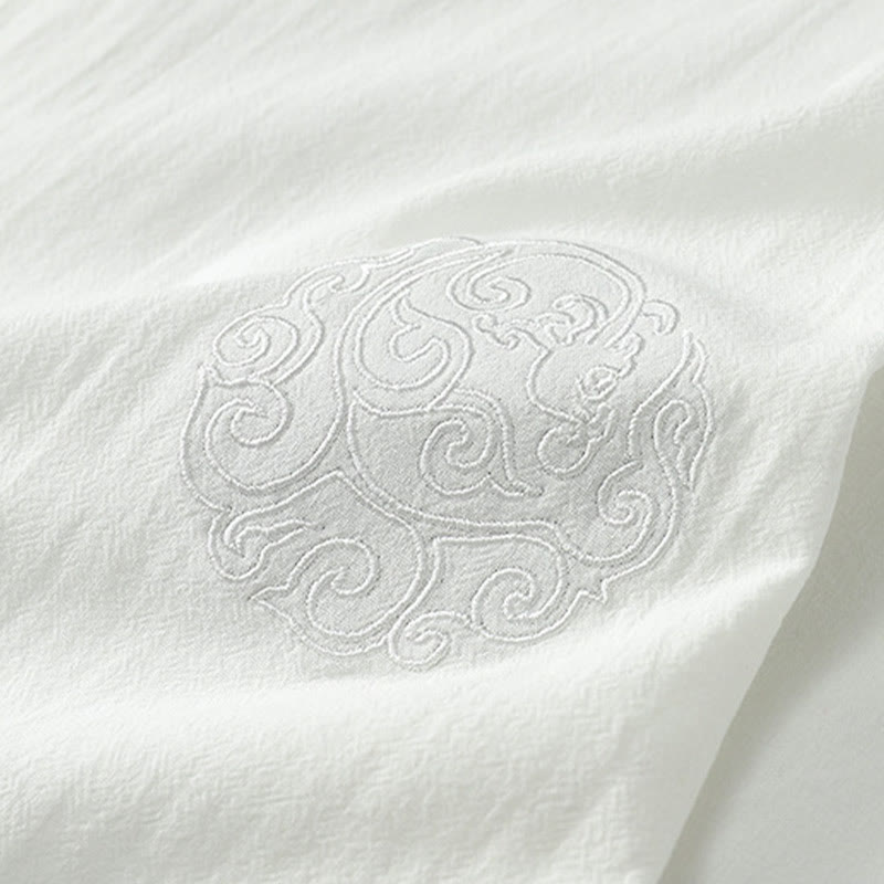 Buddha Stones 夏 Vネック ボタン 半袖 雲 刺繍 コットン リネン メンズ シャツ - image 8