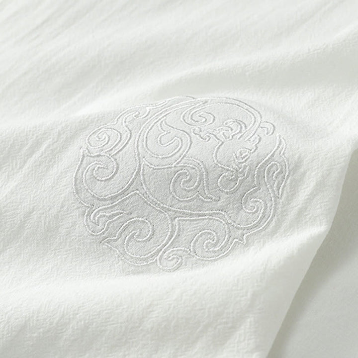 Buddha Stones 夏 Vネック ボタン 半袖 雲 刺繍 コットン リネン メンズ シャツ - image 8