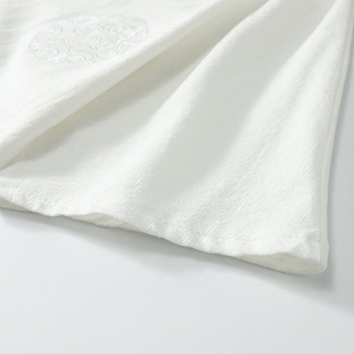 Buddha Stones 夏 Vネック ボタン 半袖 雲 刺繍 コットン リネン メンズ シャツ - image 9