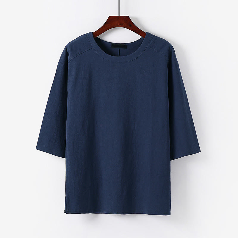 Buddha Stones 夏カジュアルクルーネックメンズ半袖コットンリネンTシャツ - スティールブルー - US/UK/AU54、 EU64 (9XL) - image 8