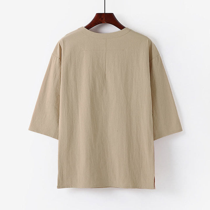 Buddha Stones 夏カジュアルクルーネックメンズ半袖コットンリネンTシャツ - image 1