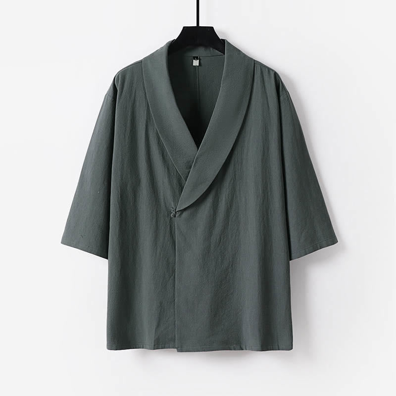 Buddha Stones 夏用Vネックラペル半袖コットンリネンメンズシャツ - グレー - US/UK/AU54、 EU64 (9XL) - image 0