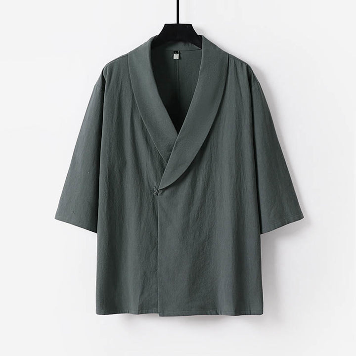 Buddha Stones 夏用Vネックラペル半袖コットンリネンメンズシャツ - グレー - US/UK/AU54、 EU64 (9XL) - image 0