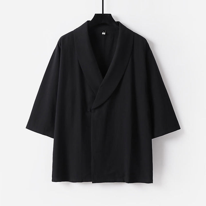 Buddha Stones 夏用Vネックラペル半袖コットンリネンメンズシャツ - 黒 - US/UK/AU54、 EU64 (9XL) - image 8