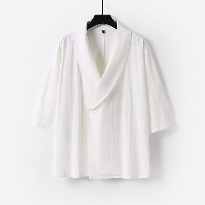 Buddha Stones 夏用Vネックラペル半袖コットンリネンメンズシャツ - 白 - US/UK/AU54、 EU64 (9XL) - image 9