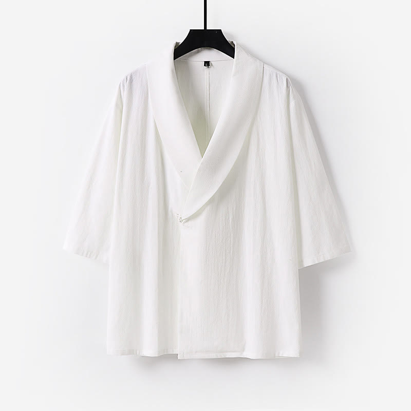 Buddha Stones 夏用Vネックラペル半袖コットンリネンメンズシャツ - 白 - US/UK/AU54、 EU64 (9XL) - image 9