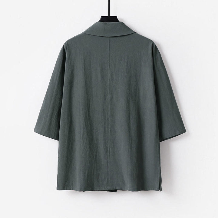 Buddha Stones 夏用Vネックラペル半袖コットンリネンメンズシャツ - image 1