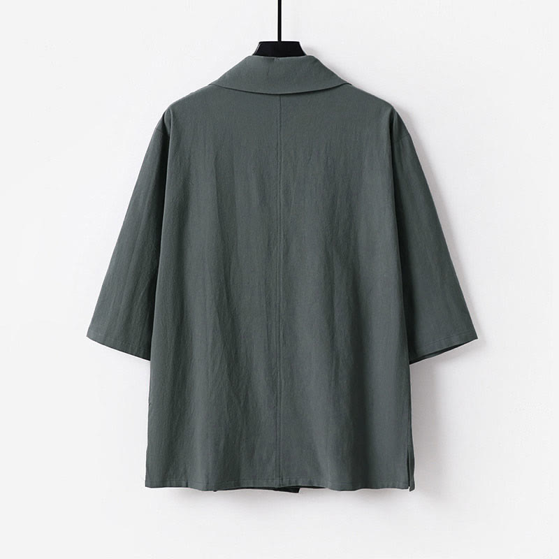 Buddha Stones 夏用Vネックラペル半袖コットンリネンメンズシャツ - image 1