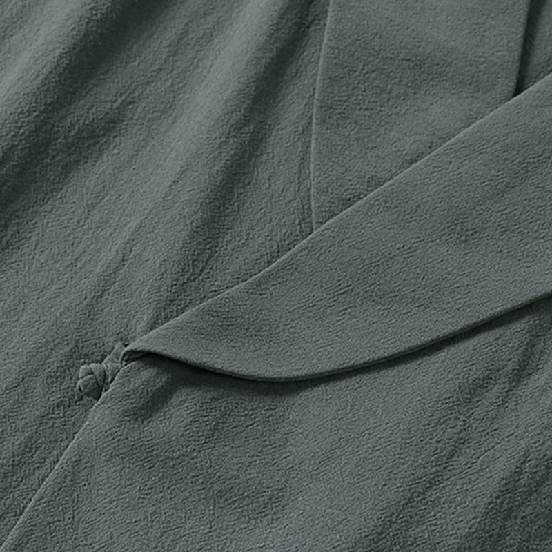 Buddha Stones 夏用Vネックラペル半袖コットンリネンメンズシャツ - image 4