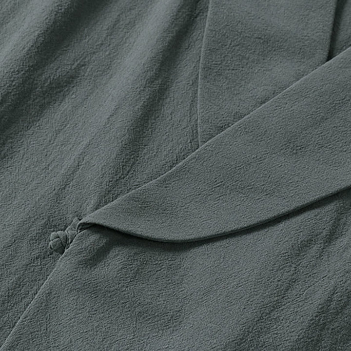 Buddha Stones 夏用Vネックラペル半袖コットンリネンメンズシャツ - image 4