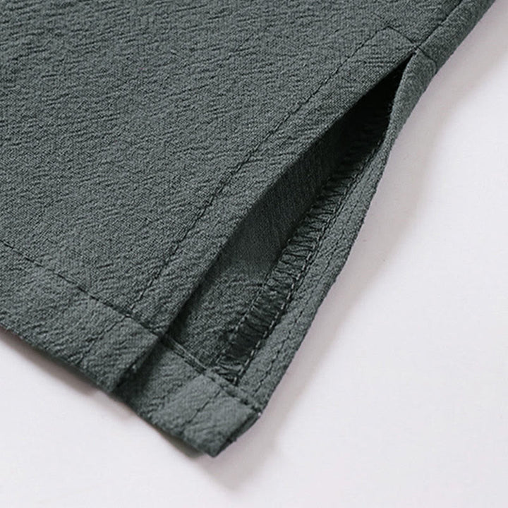 Buddha Stones 夏用Vネックラペル半袖コットンリネンメンズシャツ - image 6