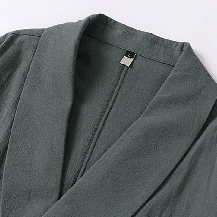 Buddha Stones 夏用Vネックラペル半袖コットンリネンメンズシャツ - image 2