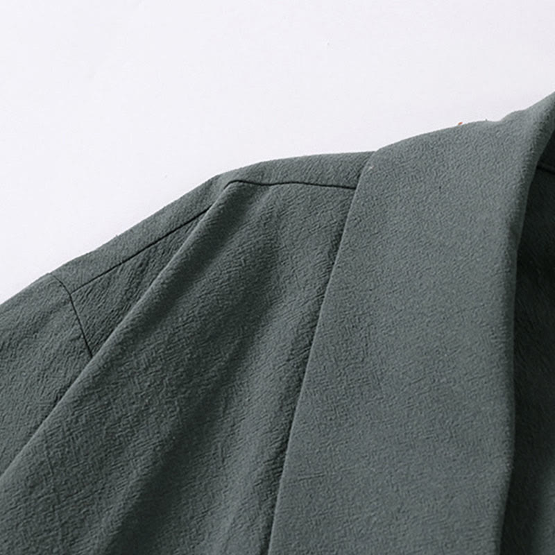 Buddha Stones 夏用Vネックラペル半袖コットンリネンメンズシャツ - image 3