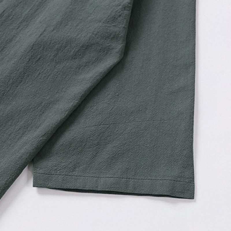 Buddha Stones 夏用Vネックラペル半袖コットンリネンメンズシャツ - image 5