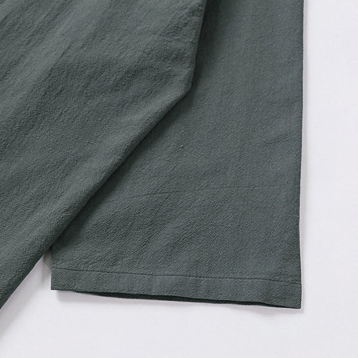 Buddha Stones 夏用Vネックラペル半袖コットンリネンメンズシャツ - image 5