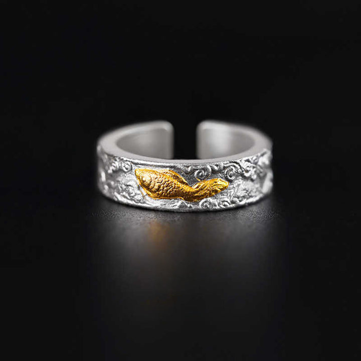 Buddha Stones 999スターリングシルバー999ゴールド鯉の良い雲の幸運リング - 17.6～20.1mm(US7～US10) - image 0