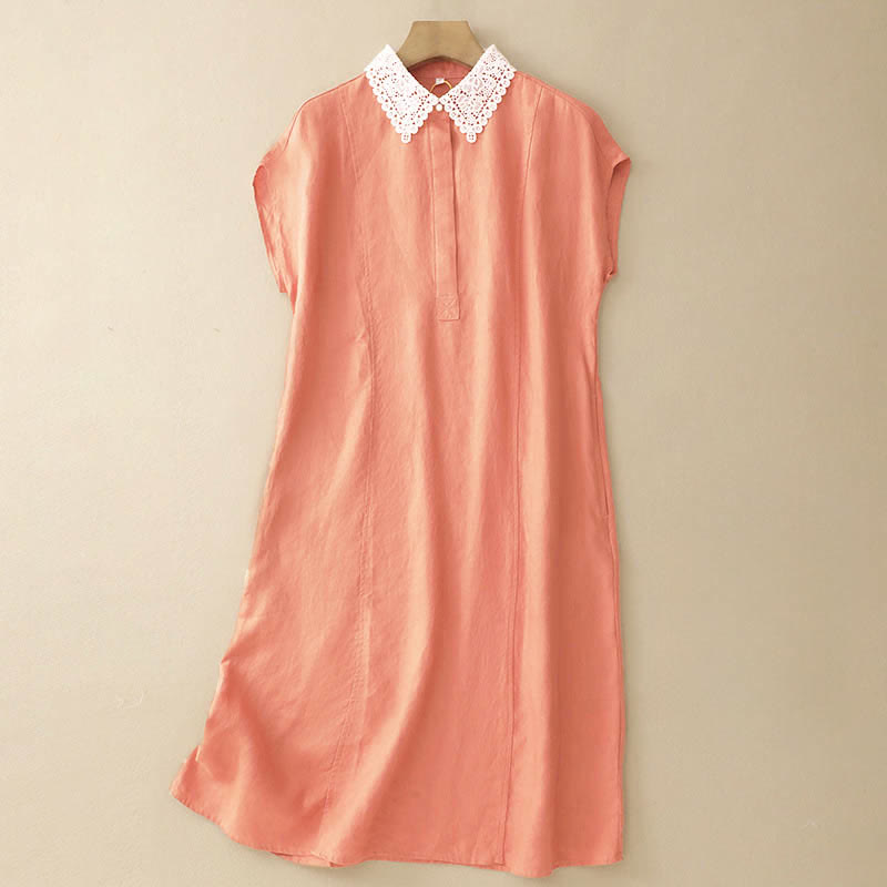 Buddha Stones 夏用中空レースデザインラペルノースリーブコットンミディドレス（ポケット付き） - ライトサーモン - US14、 UK/AU18、 EU46 (2XL) - image 0