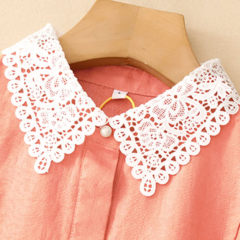 Buddha Stones 夏用中空レースデザインラペルノースリーブコットンミディドレス（ポケット付き） - image 1