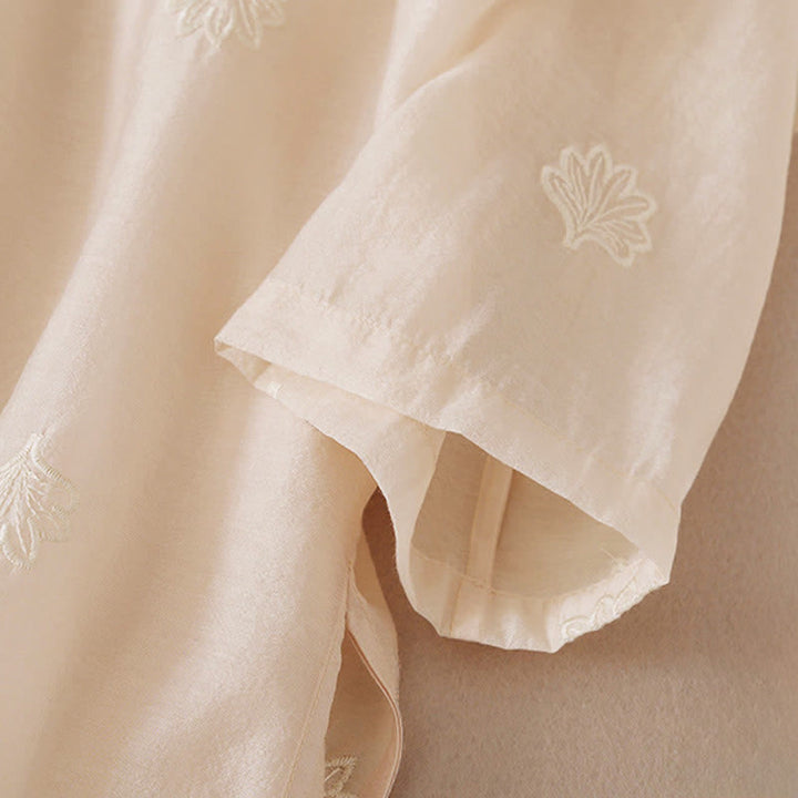 Buddha Stones 刺繍フラワーフロッグボタンスタンドカラーサイドスリットハーフスリーブマキシワンピース - image 9