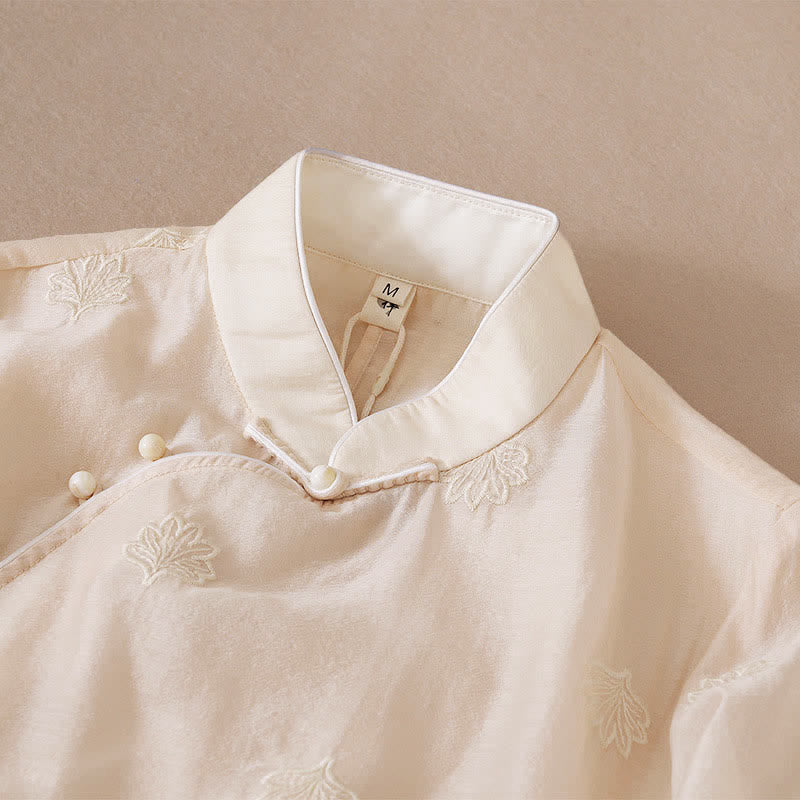 Buddha Stones 刺繍フラワーフロッグボタンスタンドカラーサイドスリットハーフスリーブマキシワンピース - image 4