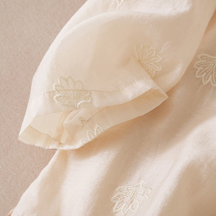 Buddha Stones 刺繍フラワーフロッグボタンスタンドカラーサイドスリットハーフスリーブマキシワンピース - image 8