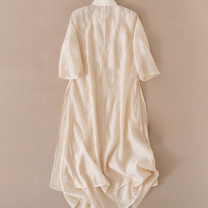 Buddha Stones 刺繍フラワーフロッグボタンスタンドカラーサイドスリットハーフスリーブマキシワンピース - image 3