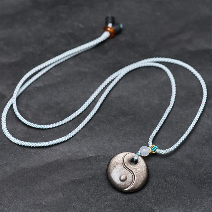 Buddha Stones シルバーシーンオブシディアン陰陽シンボル保護ネックレスペンダント - image 3