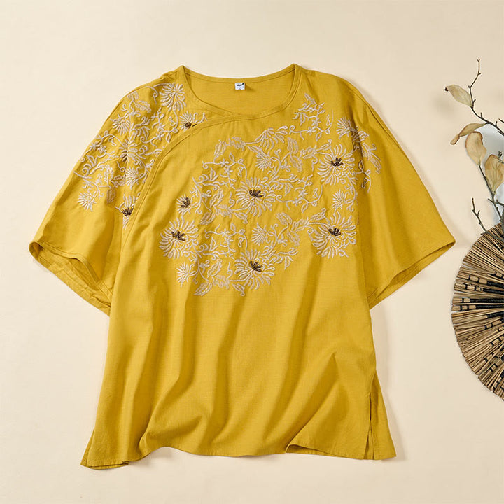 Buddha Stones カジュアル花柄クルーネックレディースコットンTシャツ - 金 - US8-10，UK/AU12-14，EU40-42 (2XL) - image 8