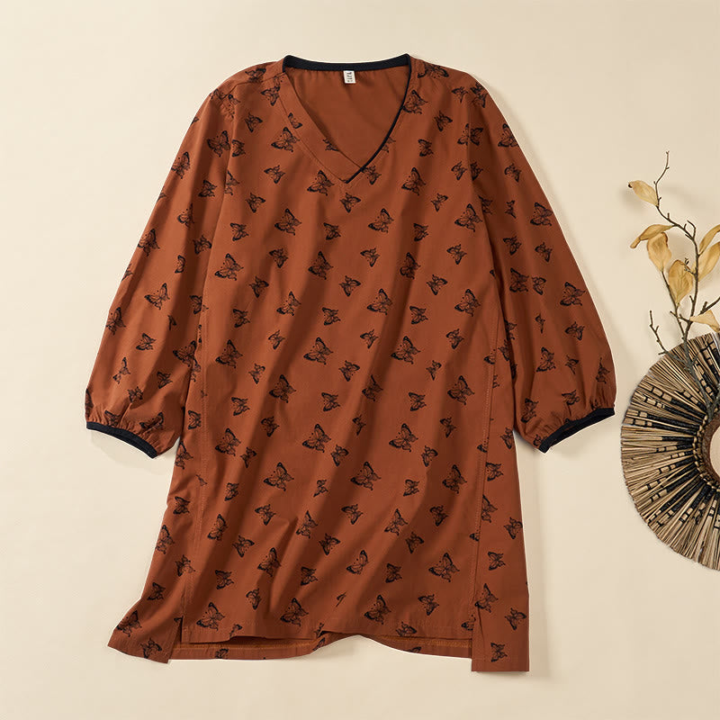 Buddha Stones バタフライ柄 Vネック 長袖 レディース ポリエステルシャツ - シエナ - US12、 UK/AU16、 EU44 (2XL) - image 0
