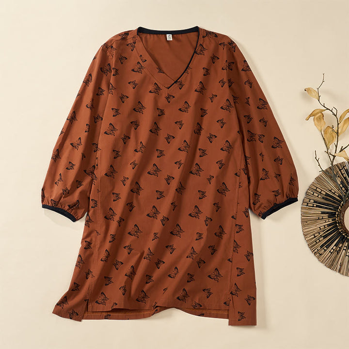 Buddha Stones バタフライ柄 Vネック 長袖 レディース ポリエステルシャツ - シエナ - US12、 UK/AU16、 EU44 (2XL) - image 0