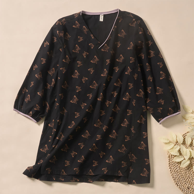 Buddha Stones バタフライ柄 Vネック 長袖 レディース ポリエステルシャツ - 黒 - US12、 UK/AU16、 EU44 (2XL) - image 6