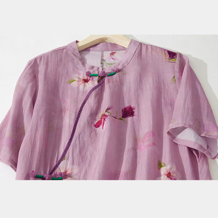 Buddha Stones 夏の蘭の花柄スタンドカラーデザイン半袖ミディドレス（ポケット付き） - image 7