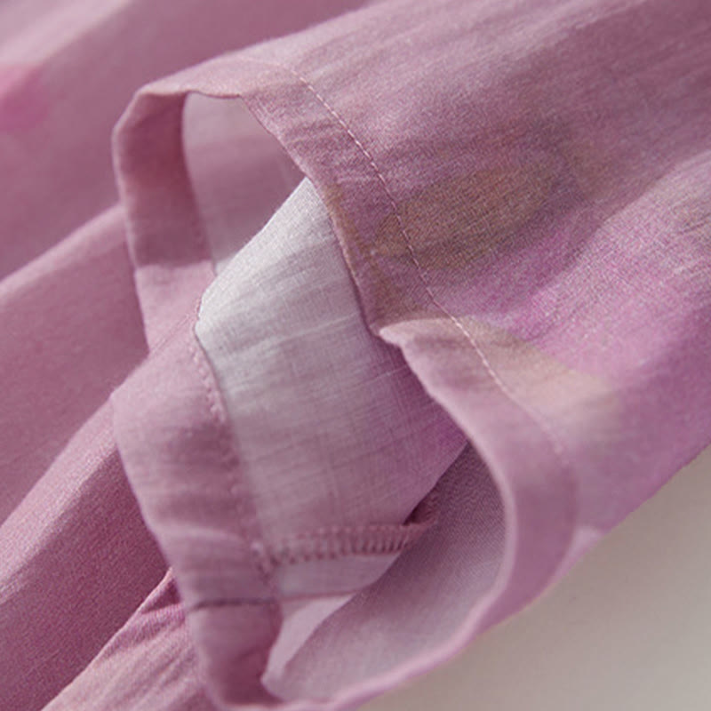 Buddha Stones 夏の蘭の花柄スタンドカラーデザイン半袖ミディドレス（ポケット付き） - image 10