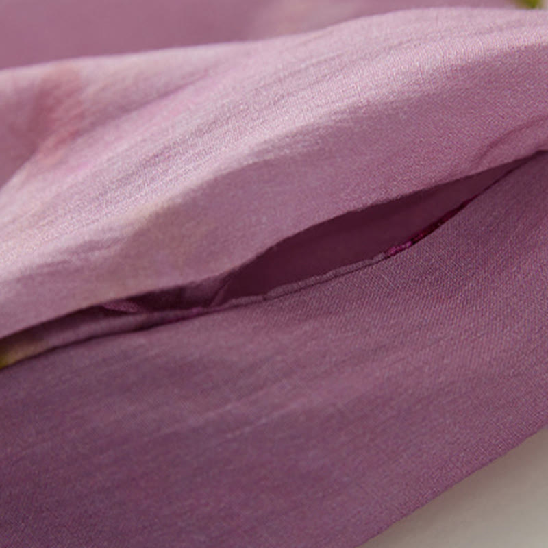 Buddha Stones 夏の蘭の花柄スタンドカラーデザイン半袖ミディドレス（ポケット付き） - image 9