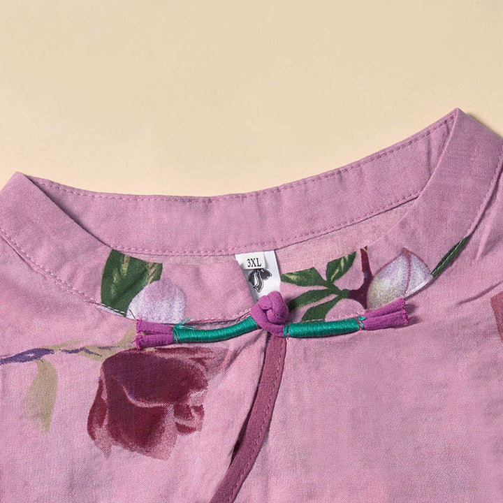 Buddha Stones 夏の蘭の花柄スタンドカラーデザイン半袖ミディドレス（ポケット付き） - image 2